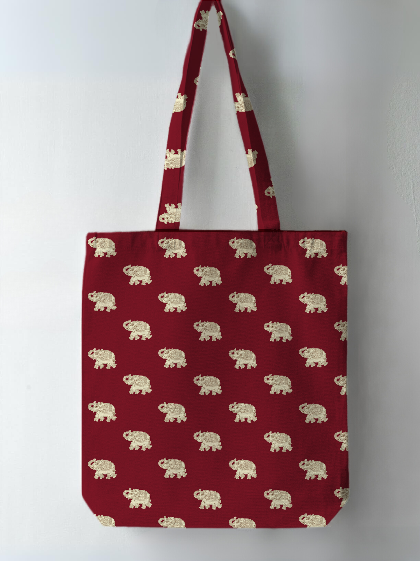 Elephant Pattern Maroon Full Print Tote Bag