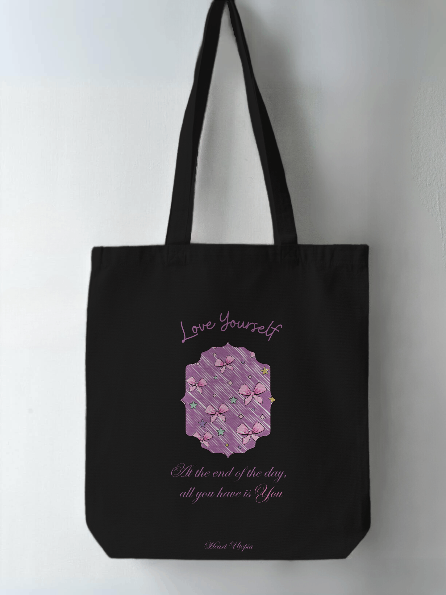 This Love yourself positive quote Trendy, high-quality zipper black tote bag for Indian women. Aesthetic fashion item from Heart Utopia, perfect for casual outings and everyday use. Buy now to elevate your style with this Pinterest-inspired, durable, spacious tote. Best tote bag online in India, available for fast shipping