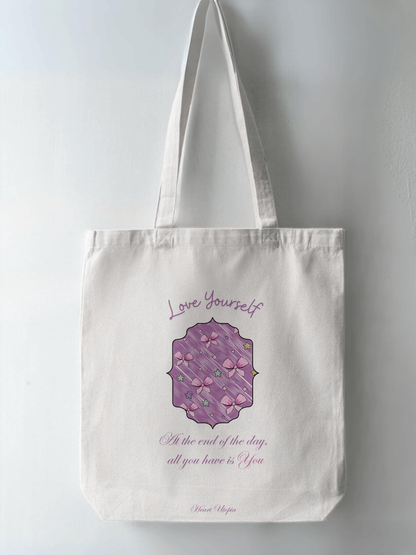 This Love yourself positive quote Trendy, high-quality zipper tote bag for Indian women. Aesthetic fashion item from Heart Utopia, perfect for casual outings and everyday use. Buy now to elevate your style with this Pinterest-inspired, durable, spacious tote. Best tote bag online in India, available for fast shipping