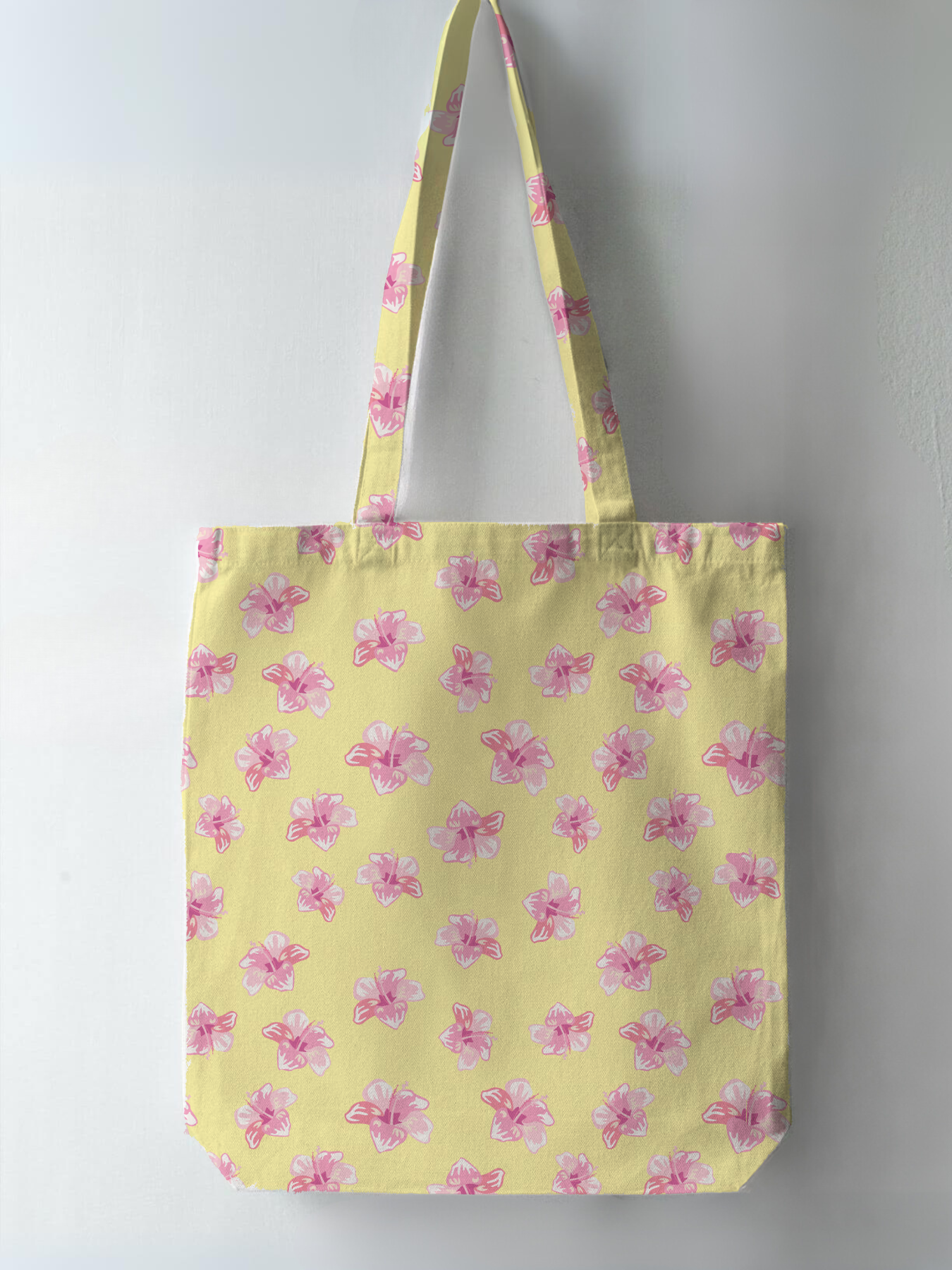 pink floral yellow tote bag full print,pattern,eco-friendly fabric and cotton canvas